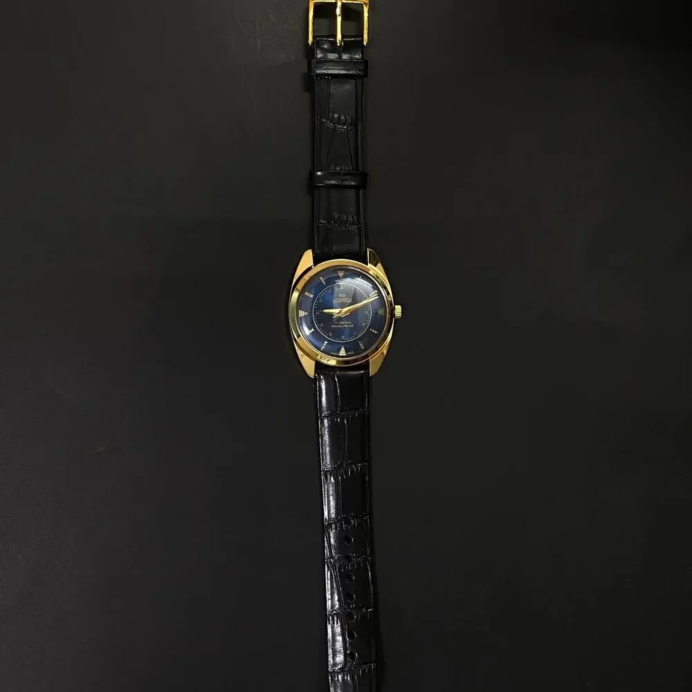 Vintage 1983 Roamer Manual Mens Gold Watch W/Leather Strap & Blue accents